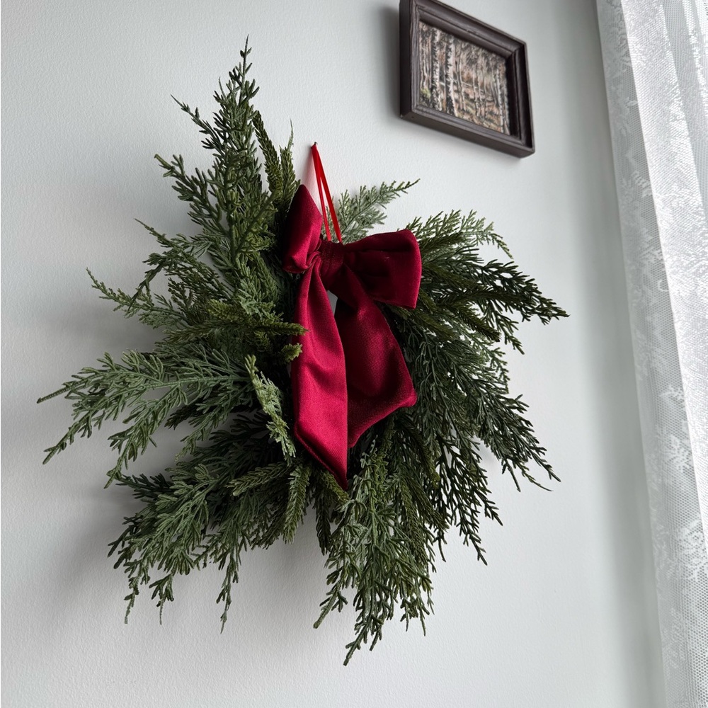 12” Faux Norfolk Cypress Pine Winter Holiday Decor Wreath Burgundy Velvet Bow